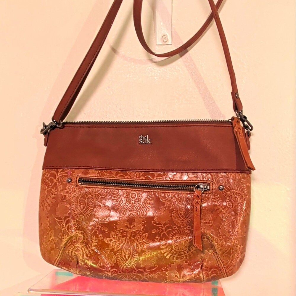 The Sak Brown Leather Crossbody Bag Embossed Floral Boho Shoulder Purse
